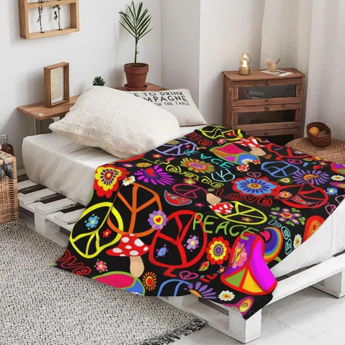 Miniatura 5 de Divertida y colorida manta hippie de paz y amor, mantas suaves de franela manta para cama acogedora y ligera de felpa regalos para mujeres, hombres