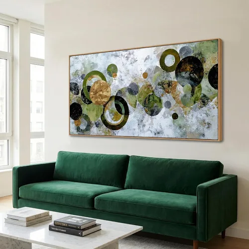 Miniatura 3 de JLXART Lienzo abstracto enmarcado, arte para la pared, moderno círculo verde dorado y negro, pintura colorida, obra de arte texturizada, lista