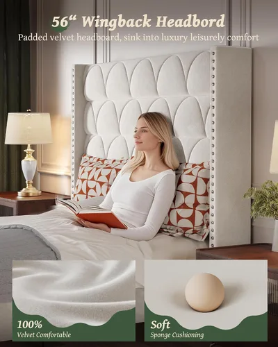 Miniatura 4 de OHOHOLIVE Marco de cama tamaño Queen con cabecero de 56 pulgadas, marco de cama tapizado de terciopelo con plataforma con respaldo de alas, sin Crema