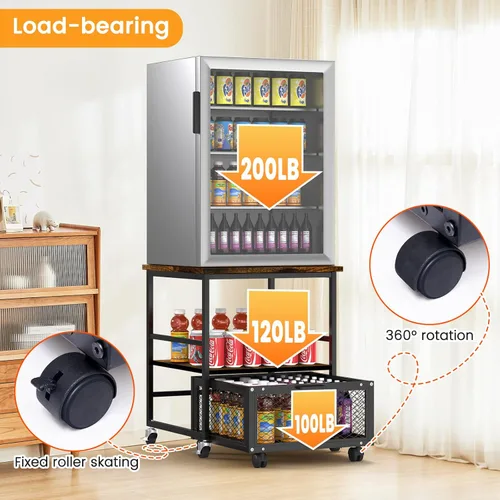 Miniatura 7 de Mini soporte móvil para refrigerador de 19.7 x 19.7 pulgadas con 3 almacenamientos, mesa pequeña para refrigerador de bebidas con ruedas, carrito