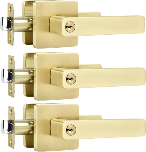 Leydebong Paquete de 3 manijas de puerta doradas, manijas de puerta de entrada con llaves, cerradura de puerta resistente, diseño moderno y