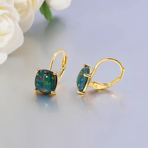 Miniatura 5 de CiNily Aretes colgantes para mujeres y niñas, hipoalergénicos, chapados en oro de 14 quilates, aretes con dije cuadrado de ópalo, aretes de palanca