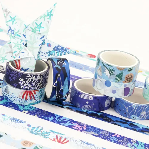 Miniatura 9 de Juego de 10 rollos de cinta washi azul océano, con impresión de lámina plateada, cintas de enmascarar decorativas para artes, manualidades DIY