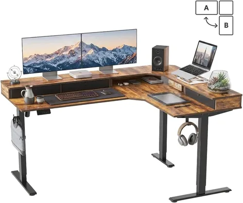 Miniatura 16 de CubiCubi 63x48 Inches L Shaped Standing Desk with 3 Drawers and Monitor Shelf, Height Adjustable Corner Computer Desk with Hooks, Sit Stand Up