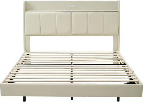Miniatura 7 de Base de cama flotante de tamaño Queen, con luces LED de ambiente y carga USB, base de cama LED moderna tapizada de poliuretano con plataforma LED