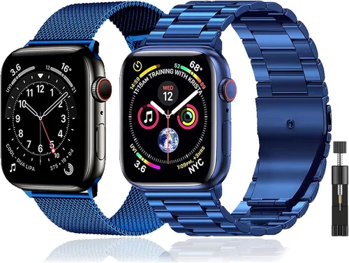 Miniatura 17 de Paquete de 2 correas de metal compatibles con Apple Watch Band 38/40/41/42/44/45/46/1.929 in, acero inoxidable y malla milanesa para iWatch Band