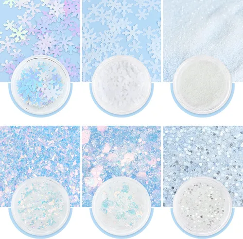 Miniatura 2 de Polvo blanco con purpurina para uñas, copos de nieve, lentejuelas para uñas, 6 frascos, copos de nieve de invierno, kit de polvo para decoración
