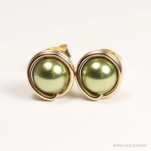 Miniatura 2 de Jessica Luu Jewelry Pendientes de perlas de oro verde oliva 0.236-0.394 in hechos a mano
