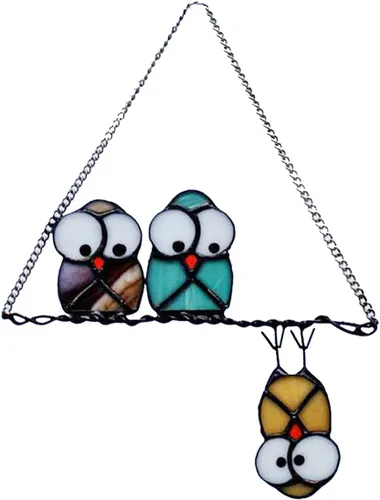 Panel de Atrapasoles de Vidrio Vitral Multicolor con Búhos en un Alambre, Atrapasueños de Pájaros para Ventanas, Puertas, Habitación, Decoración del