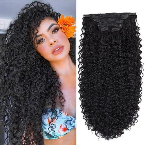 Miniatura 13 de Extensiones de cabello sintético con clip, extensiones de cabello sintético negro y rubio miel, extensiones de cabello rizado Jerry para mujeres