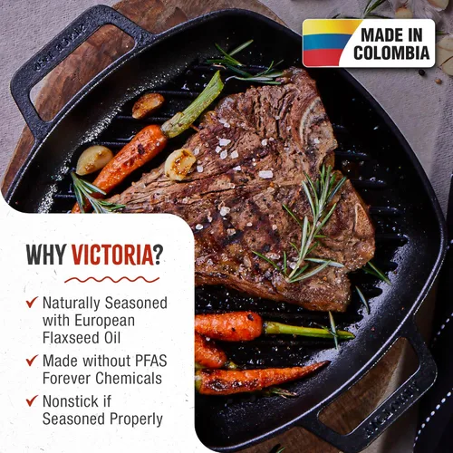 Miniatura 2 de Victoria - Sartén cuadrada de hierro fundido con asas de doble bucle, fabricada en Colombia, 10 pulgadas