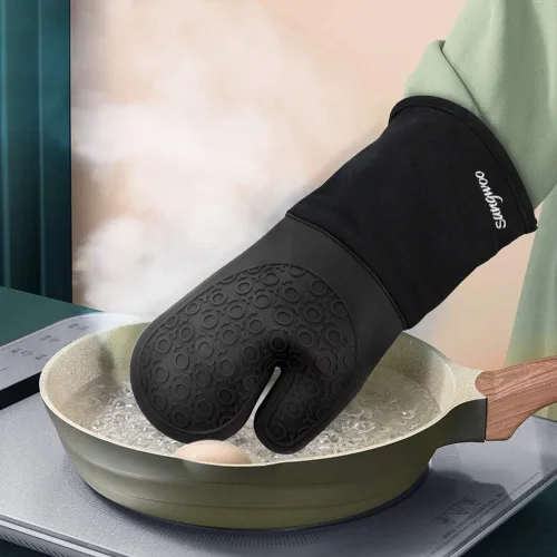 Miniatura 7 de sungwoo Guantes de horno de silicona, resistentes al calor, con forro acolchado, agarre texturizado antideslizante, perfectos para barbacoa, Negro