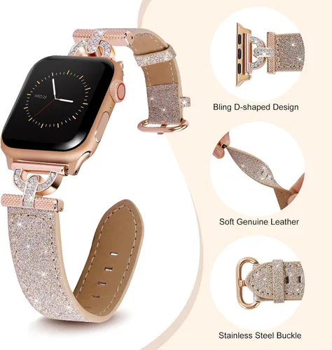 Miniatura 3 de Elegante y brillante correa de cuero compatible con Apple Watch de 1.575 pulgadas para mujer, elegante y brillante correa de Apple Watch de 1.614