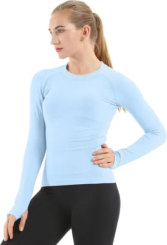 MathCat Camisas de entrenamiento sin costuras para mujer, camisetas de yoga de manga larga, camiseta deportiva transpirable y ajustada, Azulclaro