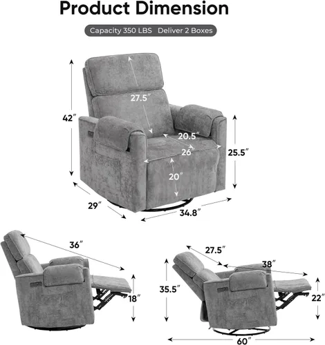 Miniatura 2 de Silla reclinable eléctrica extragrande, sillón basculante giratorio de 26" extra ancho con reposacabezas ajustable, silla de chenilla para guardería