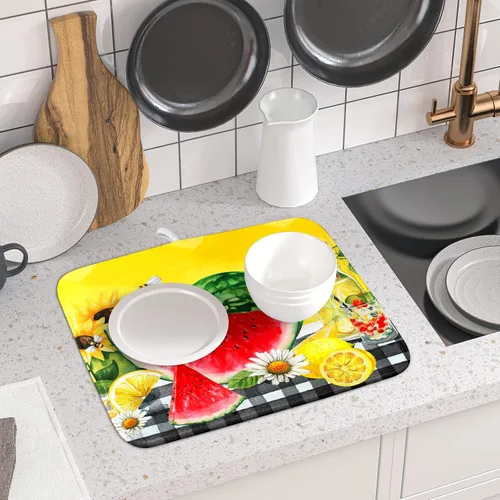 Miniatura 6 de Tapete de Secado de Platos de Sandía de Verano de Microfibra, Tapetes Escurridores de Platos de Cuadros de Búfalo de Limón Amarillo 16x18 Pulgadas