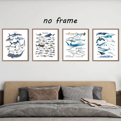 Miniatura 4 de VNWEK Póster artístico de pared de tiburones y ballenas rústicos en acuarela sin marco de 12 x 16 pulgadas, juego de 4, decoraciones de vida marina