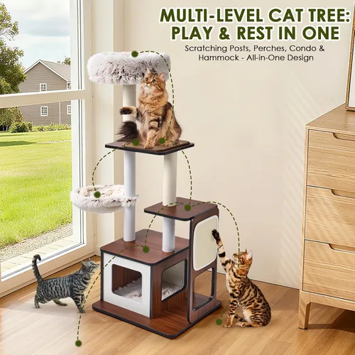 Miniatura 6 de Árbol y torre modernos para gatos de 54 pulgadas para gatos grandes, árbol de madera de varios niveles con postes rascadores, hamaca, percha