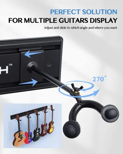 Miniatura 5 de STRICH Perchas de montaje en pared para guitarra, capacidad para 5 guitarras, aluminio pintado de negro, estante de metal de aluminio fuerte, juego
