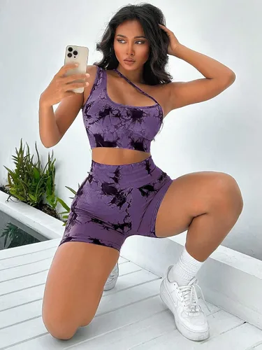 Miniatura 3 de SOLY HUX Conjunto de entrenamiento para mujer, 2 piezas, sin costuras, con un hombro, brasier deportivo, pantalones cortos de cintura alta