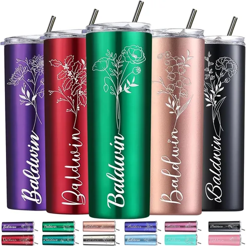 Miniatura 12 de Regalos personalizados para mujer, vaso personalizado grabado con flor de nacimiento de 20 onzas, vaso delgado con nombre personalizado con tapas