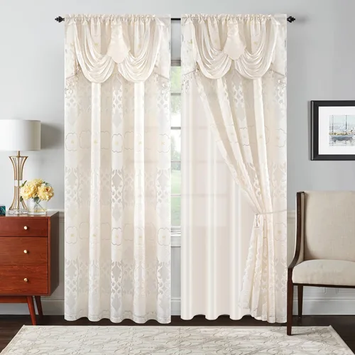 Miniatura 9 de Petrichor Cortinas de gasa jacquard transparente borgoña (54 pulgadas de ancho x 63 pulgadas de largo), 2 paneles con cenefa adjunta, diseño floral