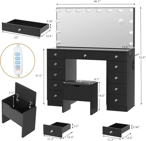 Miniatura 3 de VOWNER Tocador con espejo iluminado - Escritorio de maquillaje con luces y 11 cajones, 3 modos de iluminación de color con brillo ajustable