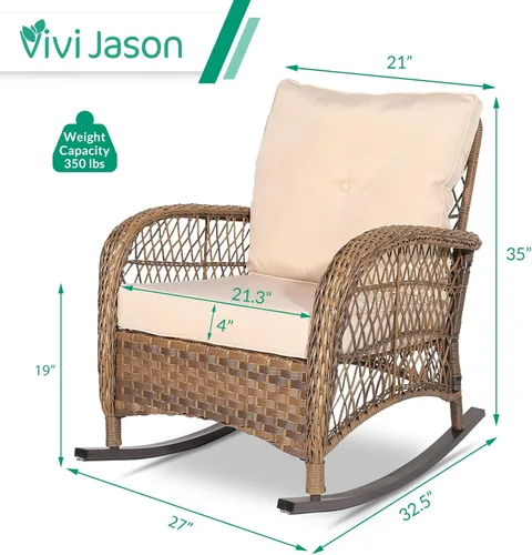 Miniatura 6 de VIVIJASON Mecedora de mimbre para exteriores, silla mecedora de ratán para patio con cojines y marco de acero, muebles de mimbre mecedores