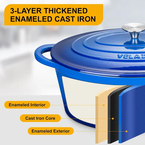Miniatura 4 de Velaze Olla de horno holandés ovalada esmaltada de 7.5 cuartos de galón con tapa, horno holandés de hierro fundido con doble asa para hornear pan