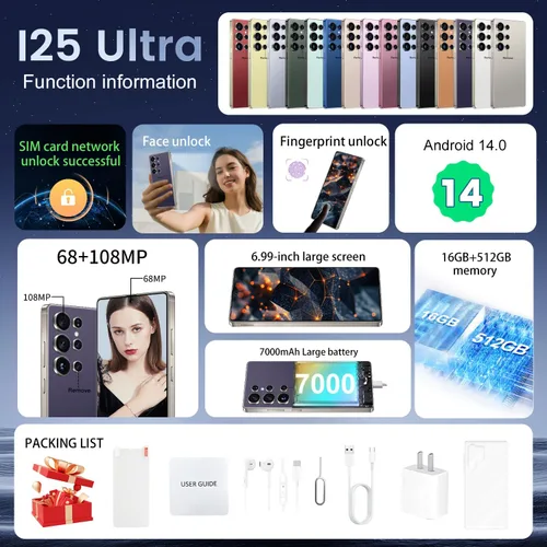 Miniatura 6 de BDWJW I25 Ultra Smartphone 16GB+512GB Android 14 Smartphone, pantalla FHD+ de 6.99", batería de 7000mAh, cámara dual de 108MP+68MP, lápiz óptico