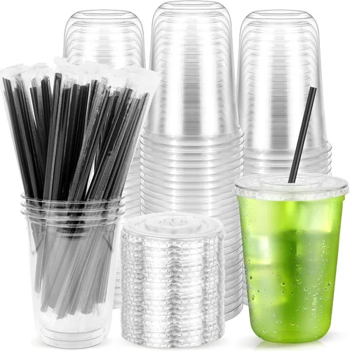 Miniatura 8 de Paquete de 100 vasos de plástico transparente con tapas planas y pajitas, tazas desechables de 12 onzas para café helado, vasos de plástico