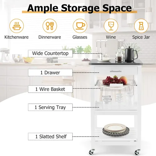 Miniatura 7 de GLACER Isla de cocina sobre ruedas, carrito de isla de cocina rodante con parte superior de acero inoxidable, carrito de almacenamiento con ruedas
