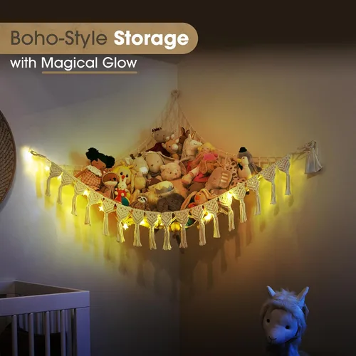 Miniatura 8 de ABBY BABY Hamaca de almacenamiento para animales de peluche extra grande con luces LED en la esquina – Red colgante para juguetes con capacidad