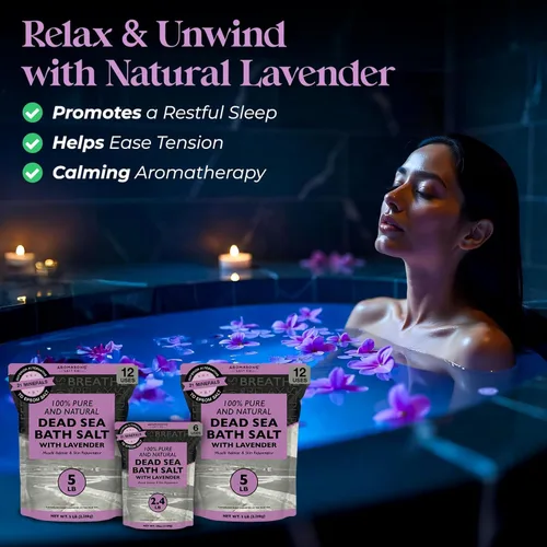 Miniatura 6 de Aromasong Sal pura del mar muerto para remojar con lavanda 100% natural, 2.43 libras, sal de baño de spa de grano fino, exfoliante de lavado