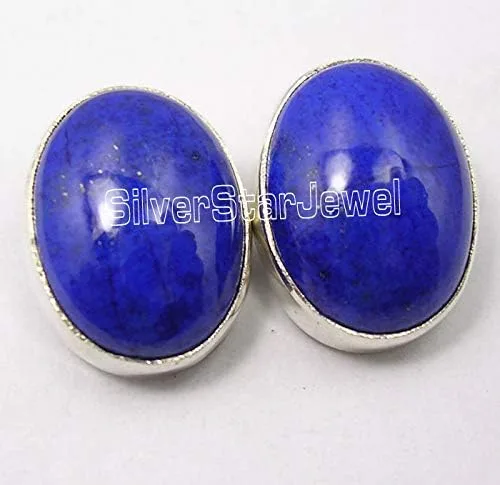 Miniatura 2 de Pendientes de lapislázuli ovalados de plata pura 0.6" piedra de moda, Metal Gema, Lapislázuli