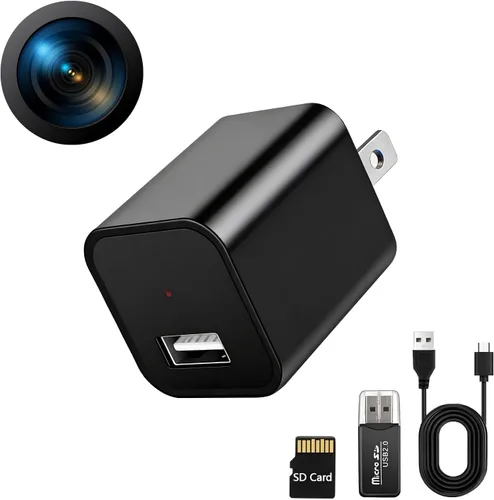 Cámara con cargador HD 1080P con detección de movimiento, gran angular de 106°, sin WiFi/cuota mensual, mini cámara oculta para seguridad del