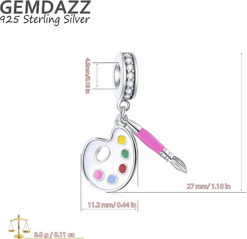 Miniatura 2 de Juego de 2 abalorios de paleta de artista y pincel de pintura y coloridos dijes de plumas de pavo real en plata de ley 925, regalo para novia