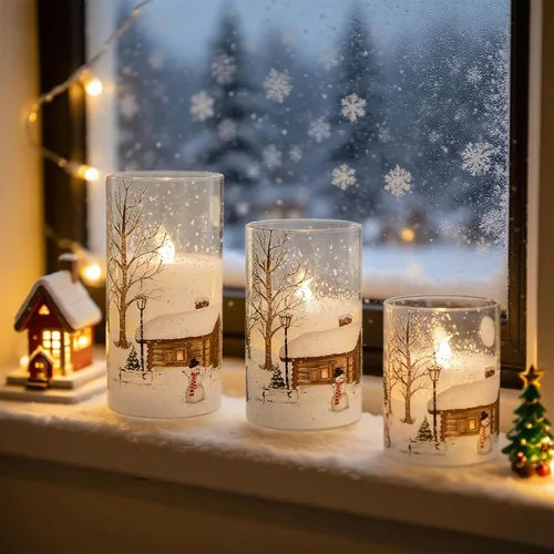 Miniatura 4 de Velas de muñeco de nieve de vidrio sin llama con pilas, control remoto y temporizador, cera real, LED, parpadeantes, pilar de velas blancas, luz