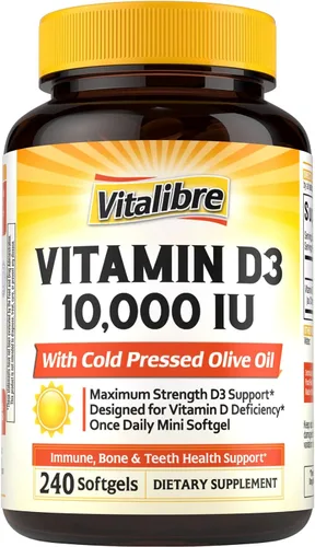 Miniatura 9 de Vitalibre Vitamina D3 de máxima fuerza 10,000 UI (250 mcg), altamente biodisponible, con aceite de oliva prensado en frío, apoyo inmunológico