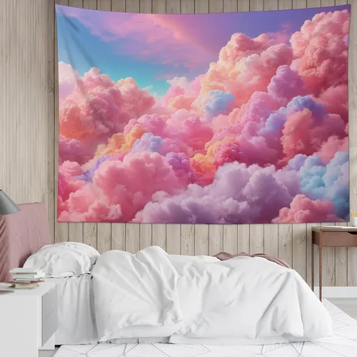 Miniatura 4 de LB Tapiz de nube rosa para colgar en la pared, cielo azul y fantasía, nube pastel, paisaje natural, tapiz de pared para dormitorio, arte de pared