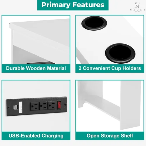 Miniatura 5 de Naomi Home Jade - Mesita de noche moderna con estación de carga, mesa auxiliar con puertos USB y tomas de corriente, mesa auxiliar estrecha
