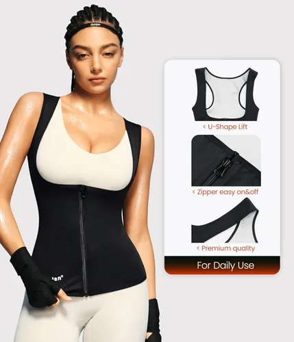 Miniatura 2 de Junlan Traje de sauna para mujer, chaleco entrenador de cintura para mujer, camiseta sin mangas moldeadora para sudar para mujer con cremallera Negro