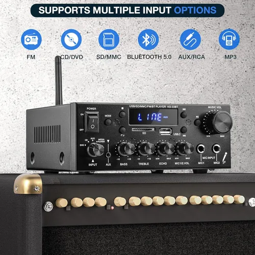 Miniatura 5 de Facmogu KS-33BT Receptor amplificador de audio estéreo de 2.1 canales con salida de subwoofer activa, RMS 60Wx2 Max 400Wx2 Mini BT Amp Home Theater