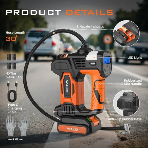 Miniatura 9 de Inflador de Neumáticos Compresor de Aire Portátil, Batería Recargable de 20 V y 150 PSI Bomba de Aire Manual Portátil, inflador de neumáticos