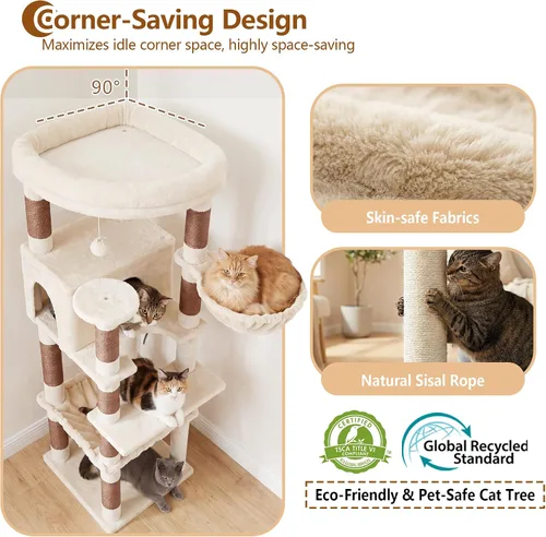 Miniatura 5 de Heybly Árbol para gatos, torre estable de esquina de 53.1 pulgadas para gatos grandes de interior, condominio para gatos bien estructurado