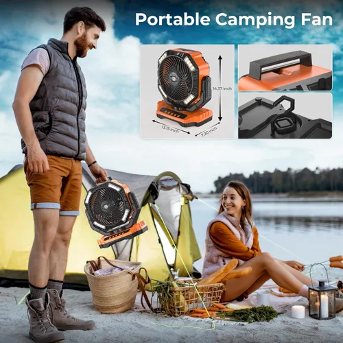 Miniatura 7 de 68HRS - Ventilador de campamento para correr con luz, batería recargable de 20000 mAh, potentes 4 velocidades y oscilación automática, con Naranja