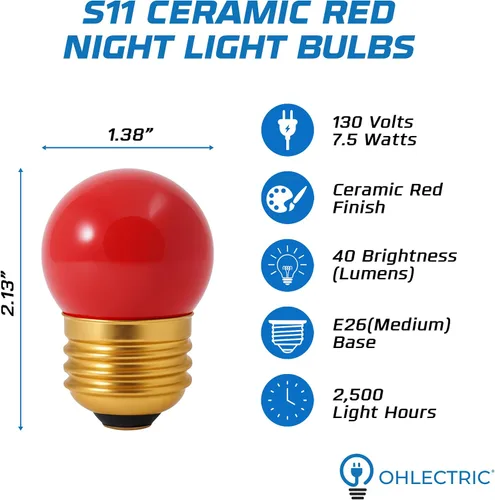 Miniatura 2 de OHLECTRIC Bombillas de luz nocturna, bombillas incandescentes rojas de cerámica (paquete de 10) – S11 bombilla regulable 7.5 W E26 base media 40