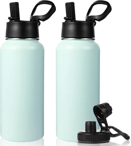 Miniatura 11 de Neihepal Botella de agua aislada de 32 onzas con 2 tapas (tapa con pajilla y boquilla), botellas de agua de doble pared de acero inoxidable 18/8