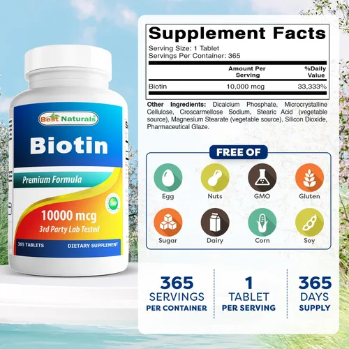 Miniatura 2 de Best Naturals Biotina (también llamada vitamina B7), tabletas de 10,000 mcg (365 unidades (paquete de 3))