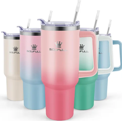Miniatura 11 de Vaso de 40 onzas con asa y tapa con popote, taza de café de viaje 100% a prueba de fugas, taza aislada de acero inoxidable para bebidas frías